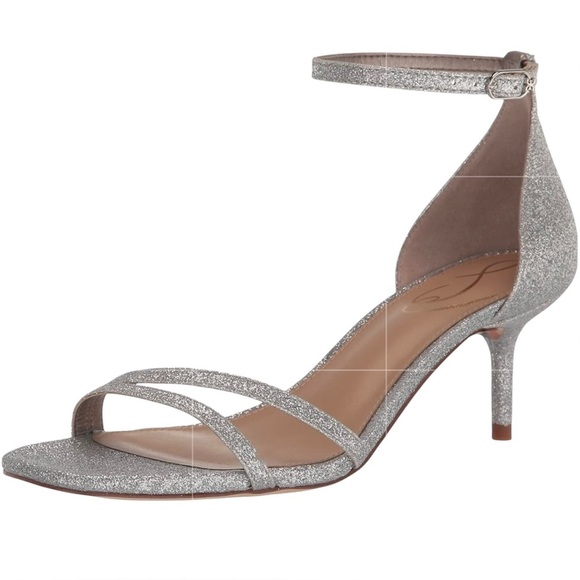 NIB Sam Edelman Kitten Heel Sandals Silver Glitter Ankle Strap Holiday Shoes 9.5 - Picture 1 of 12